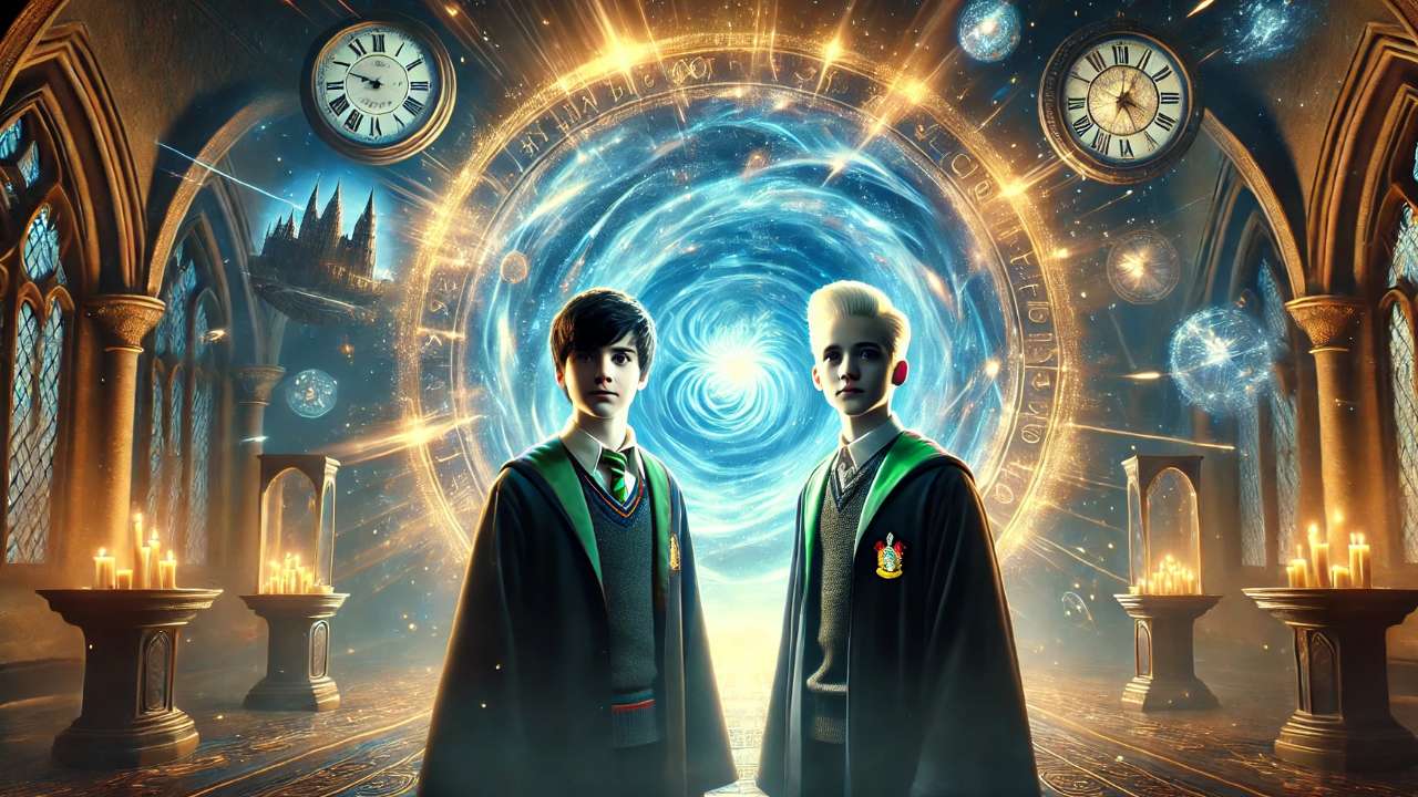 "Two students in magical setting."