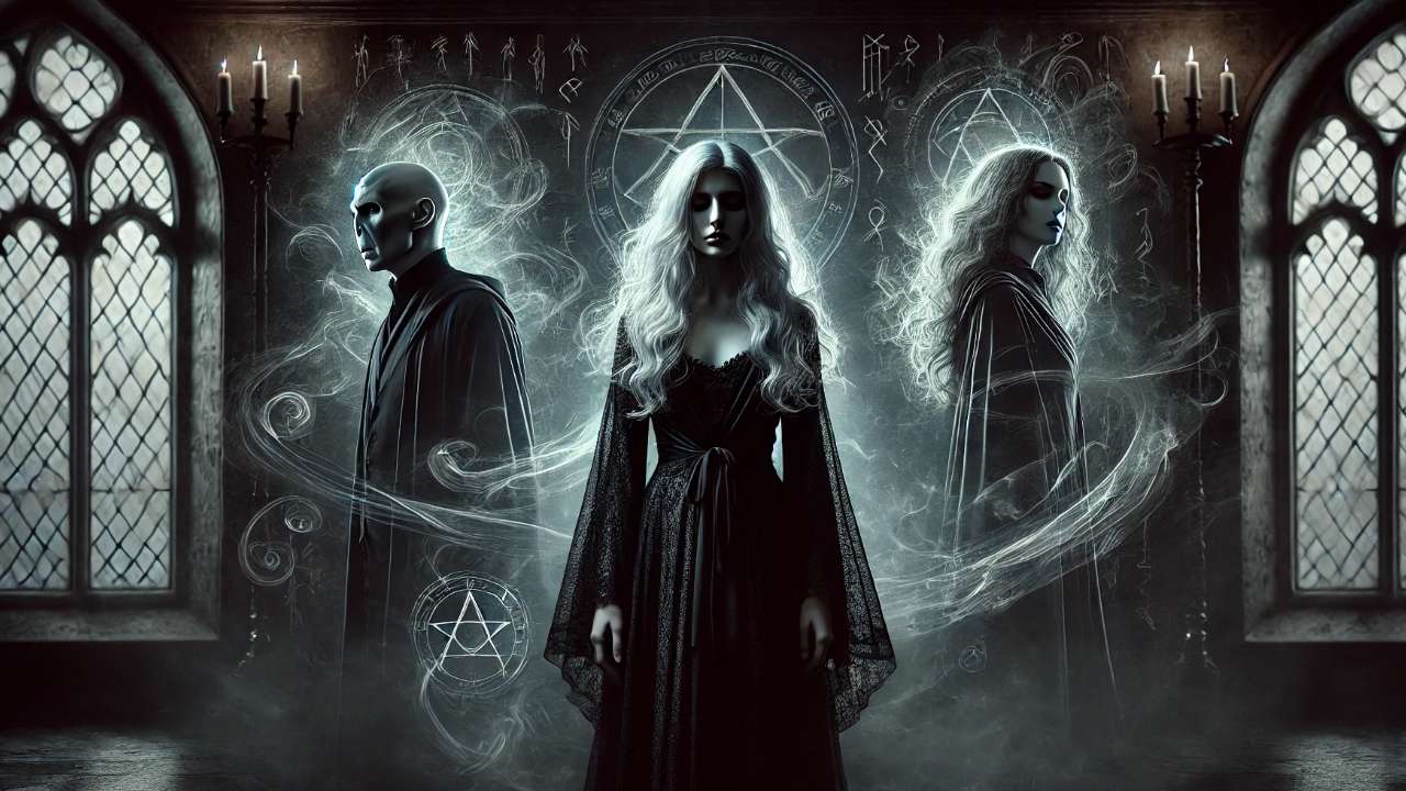 Mysterious figures in gothic setting.