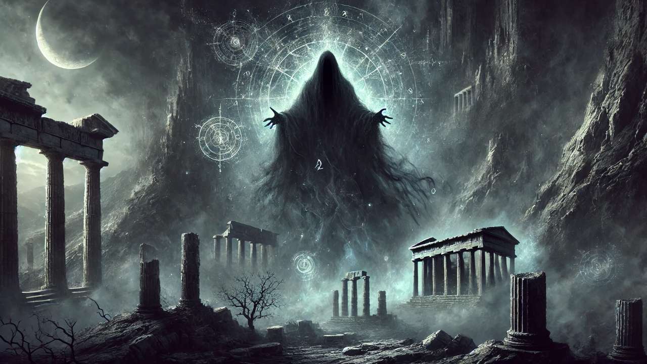Dark entity above ancient ruins.