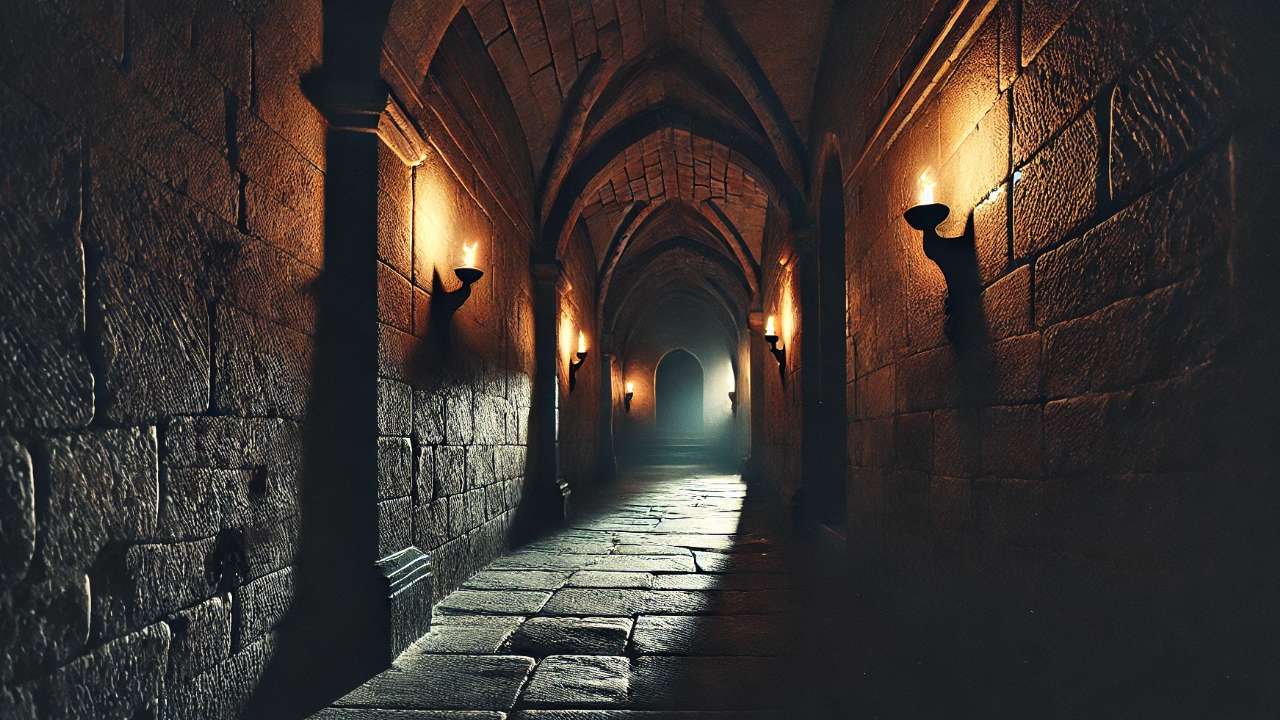 Dimly lit medieval stone corridor.