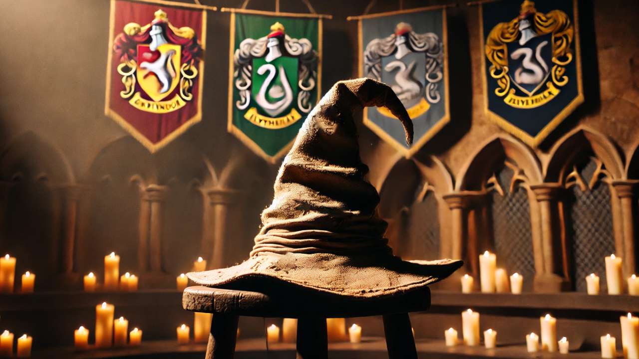 Sorting hat beneath house banners.