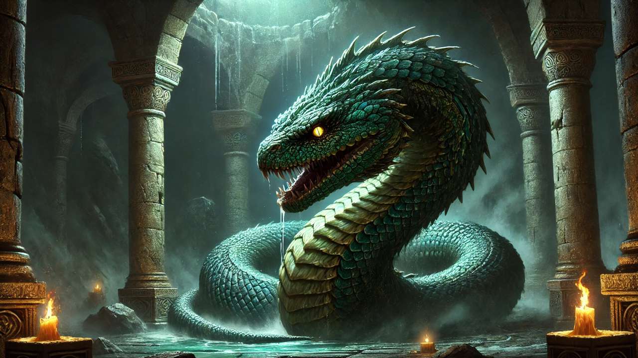 Giant serpent in ancient chamber.