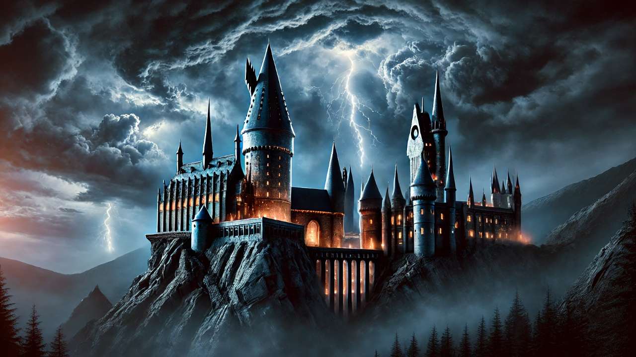 Stormy castle on mountain peak