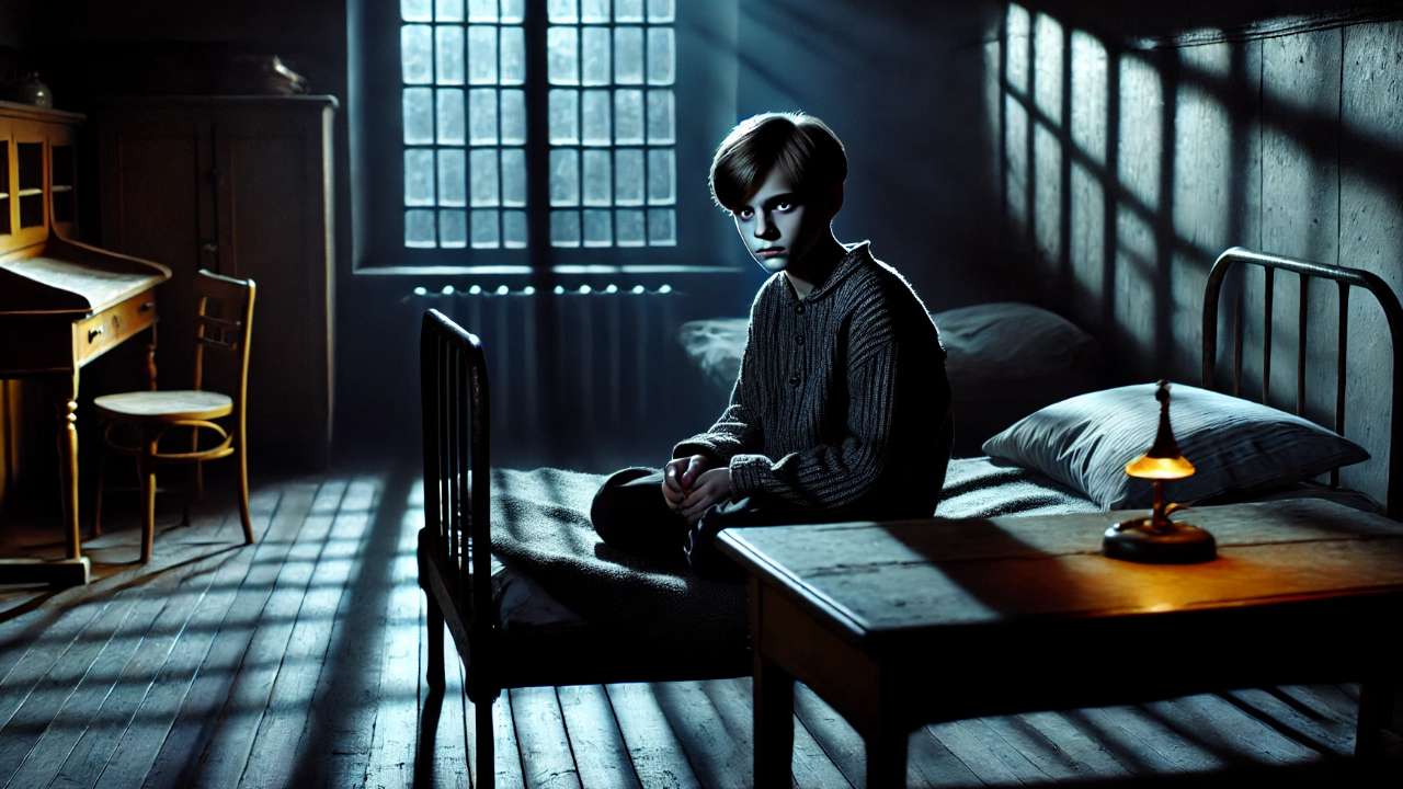 Boy sitting in dim room.