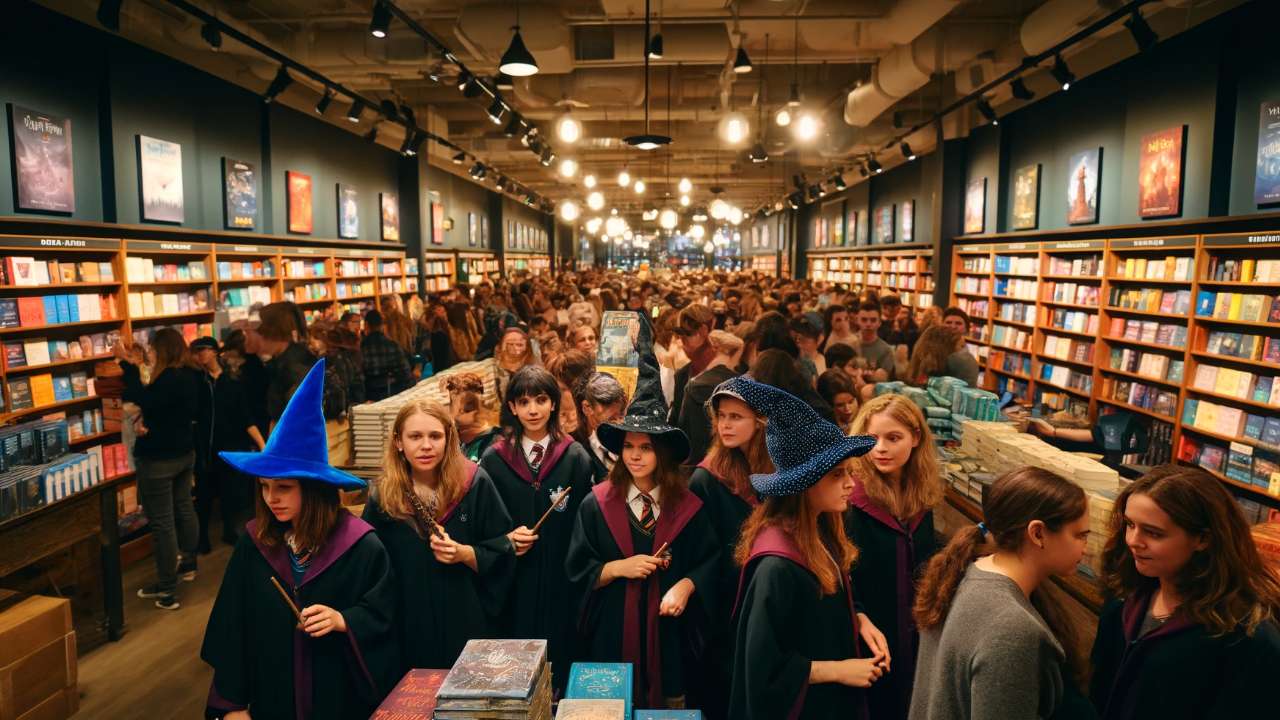 Crowded magical bookstore with students.