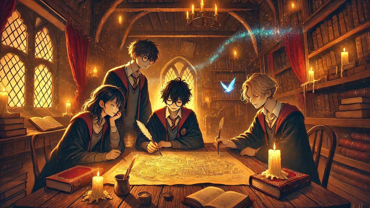 Students writing on magical map.