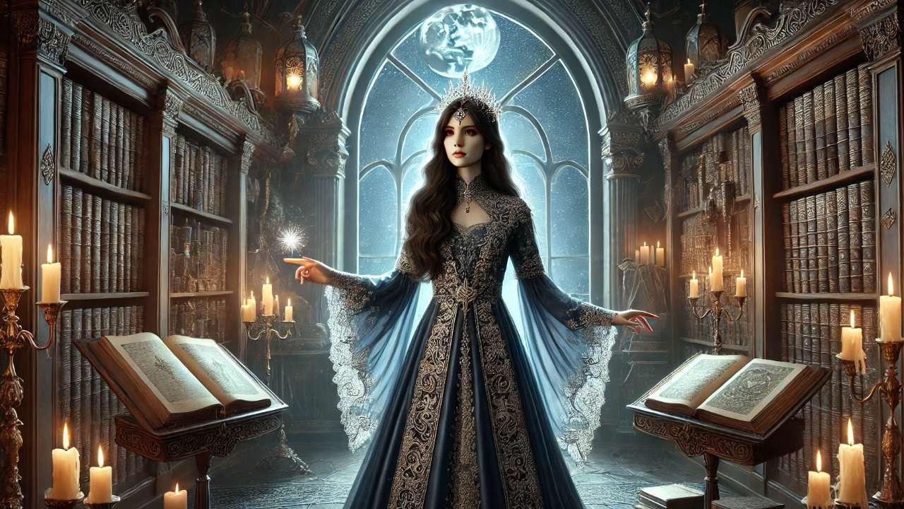 Enchantress in candlelit magical library.