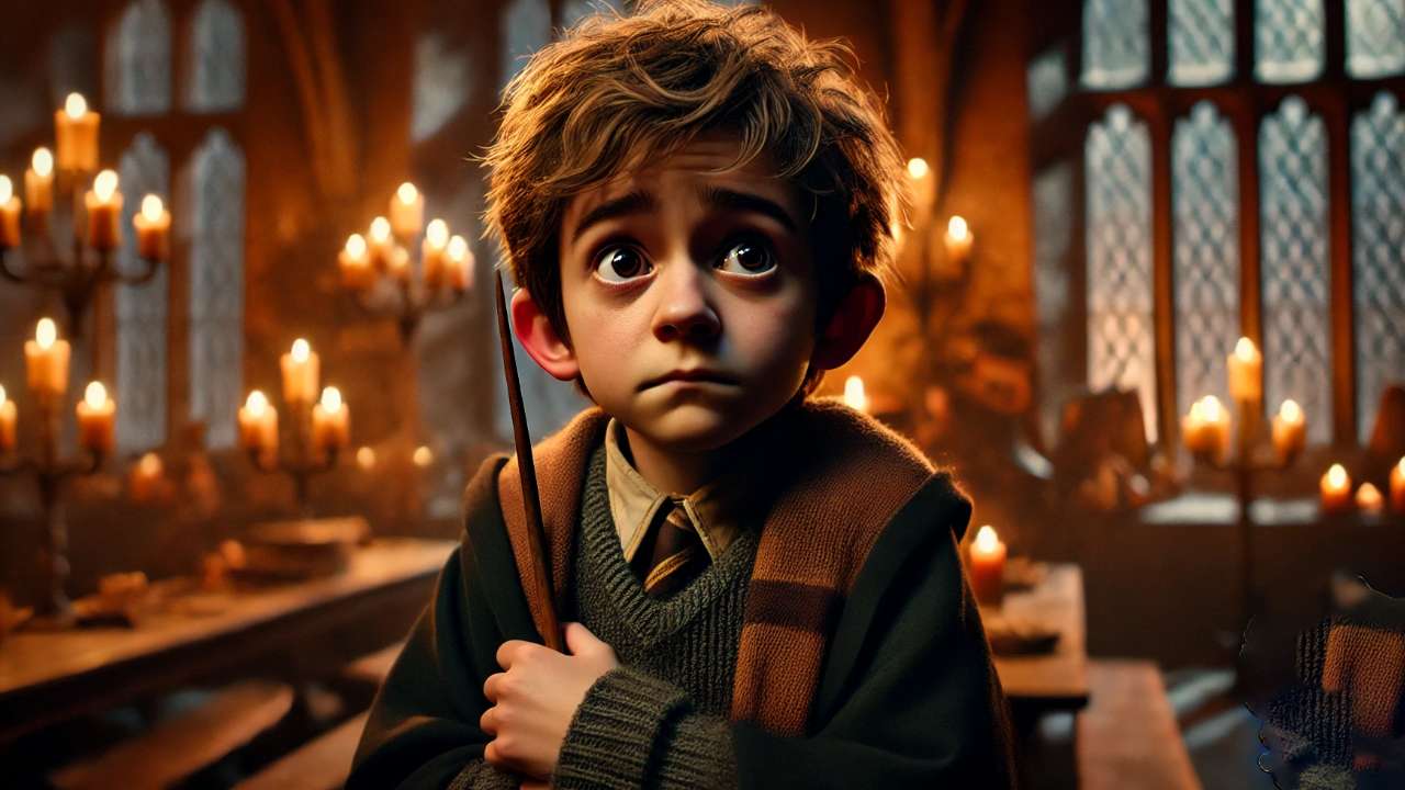 Nervous student holding magic wand.