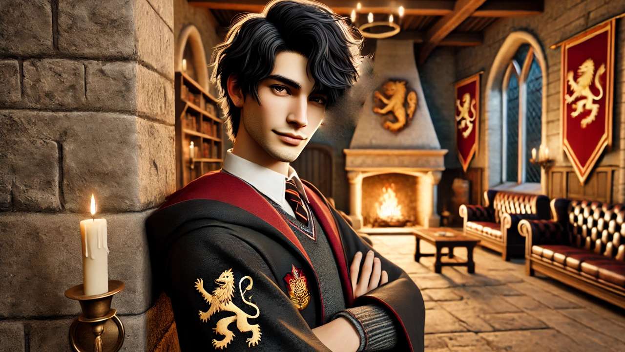 Confident wizard in Gryffindor commonroom.