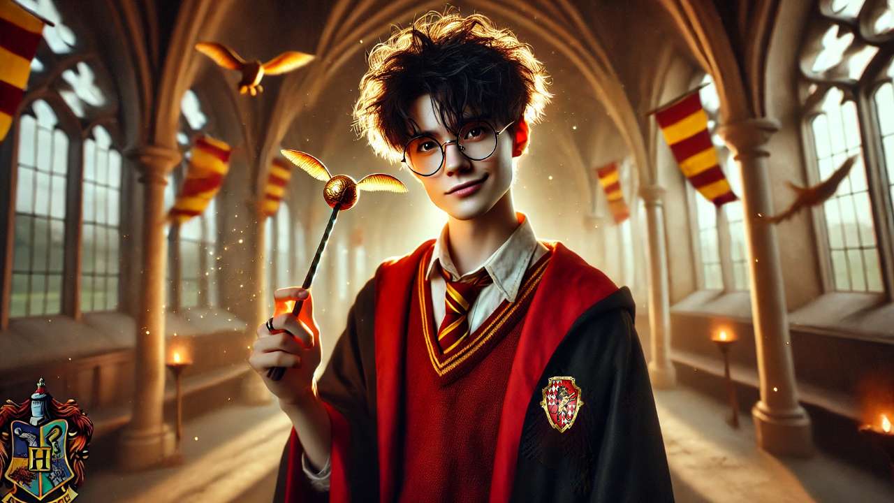 Young wizard holding golden snitch.