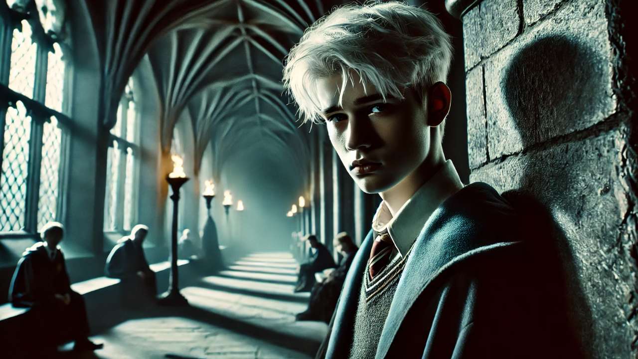 Blond student in magical hallway.