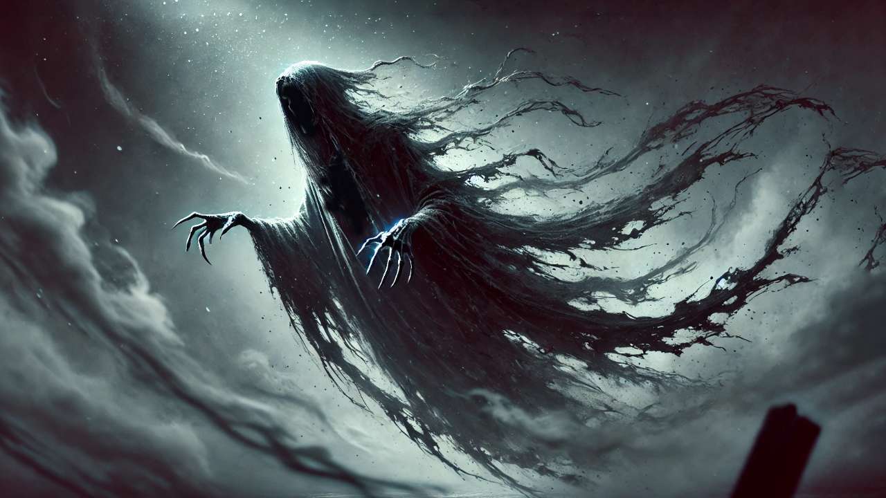 Dark ghostly figure in sky.