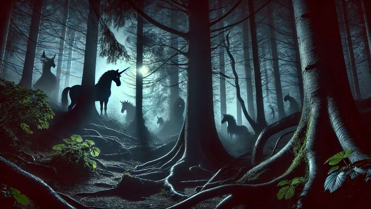 Unicorns roaming in enchanted forest