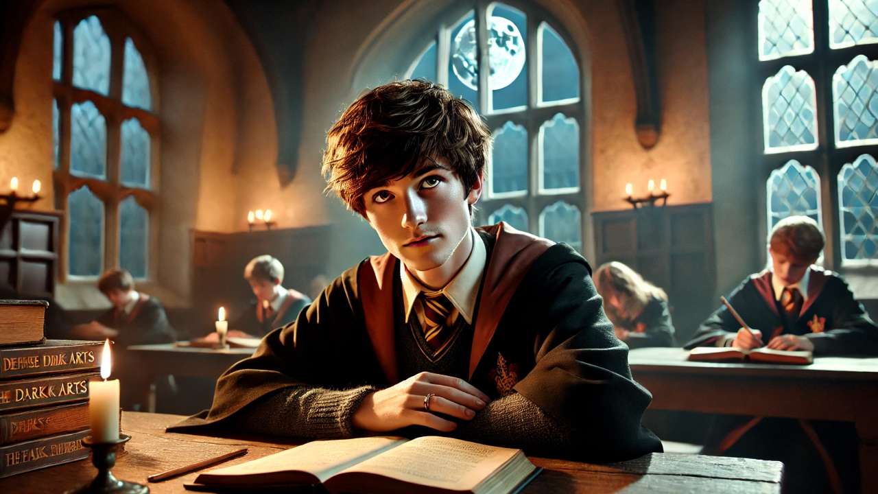 Student studying in magical classroom.