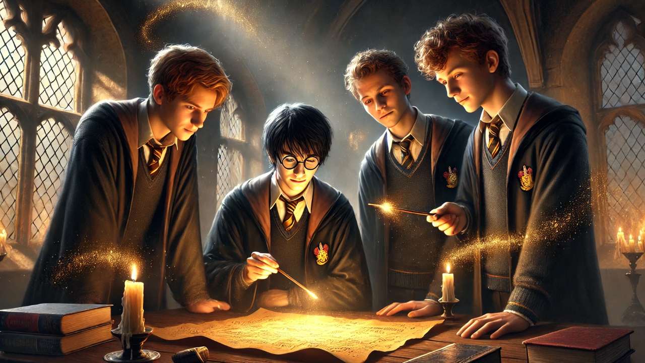 Students studying magical glowing map.