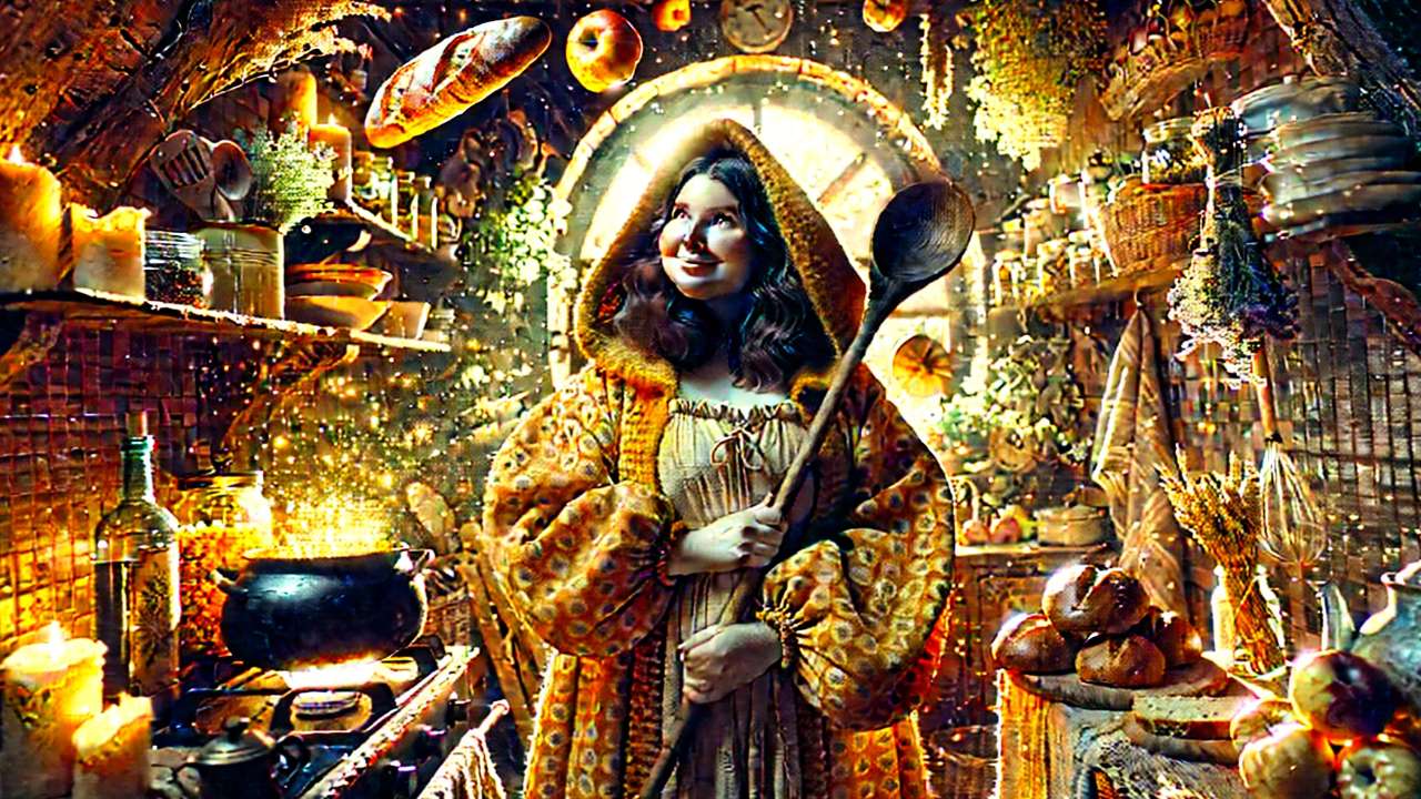 Whimsical baker in enchanted kitchen.