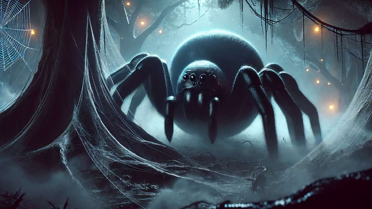 Giant spider in eerie forest.
