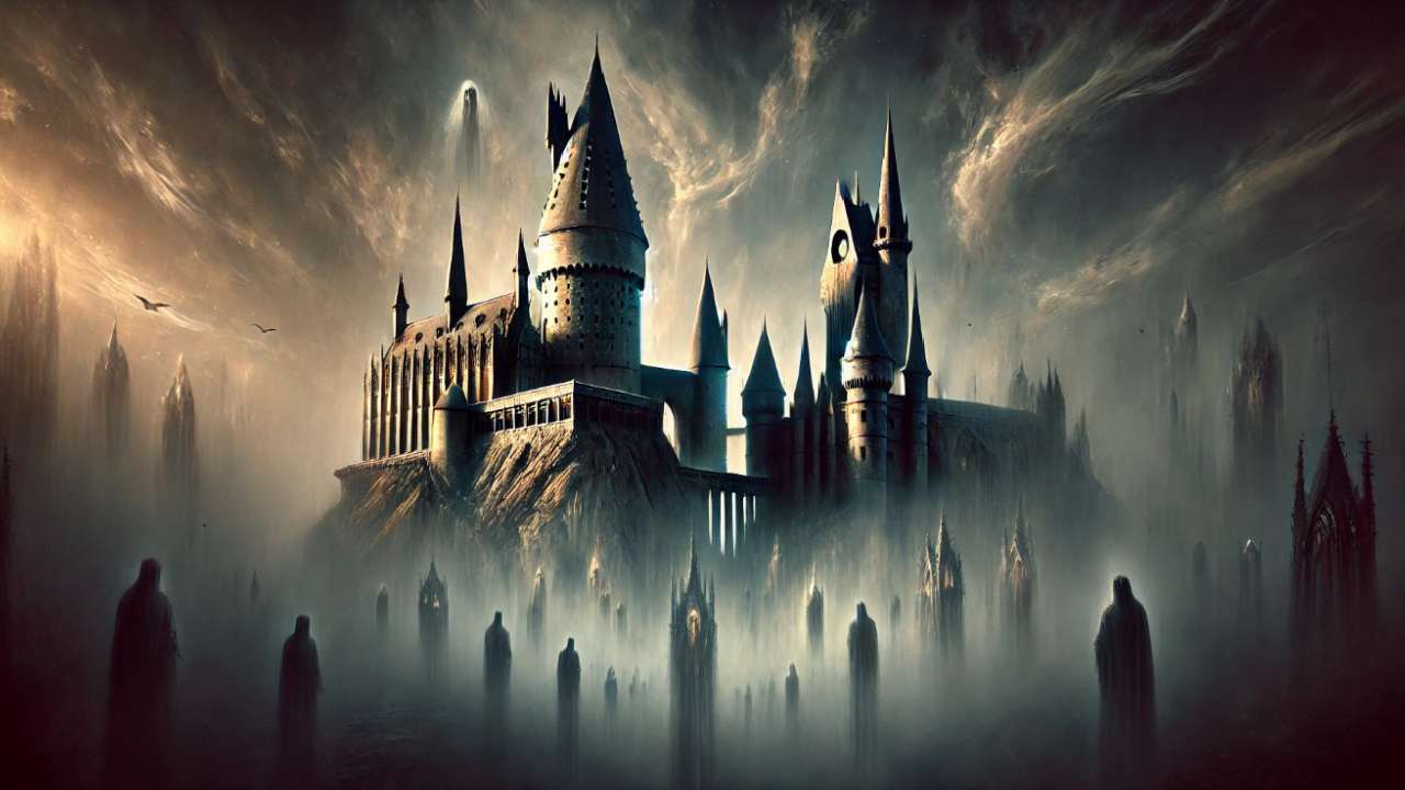 Haunted castle with dark figures