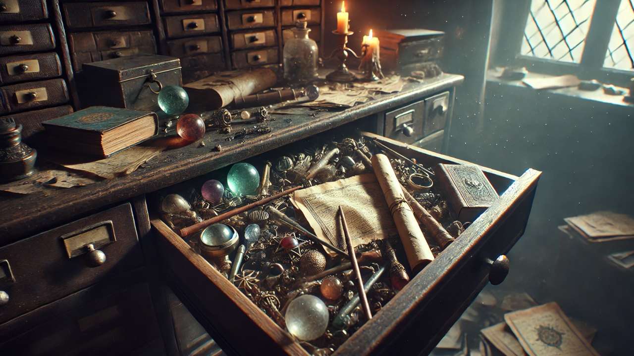 Drawer filled with magical artifacts.