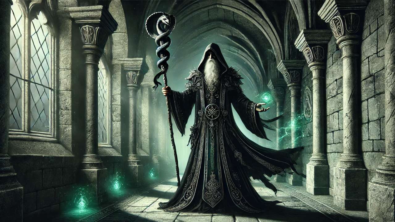 Dark wizard casting spell mysteriously.