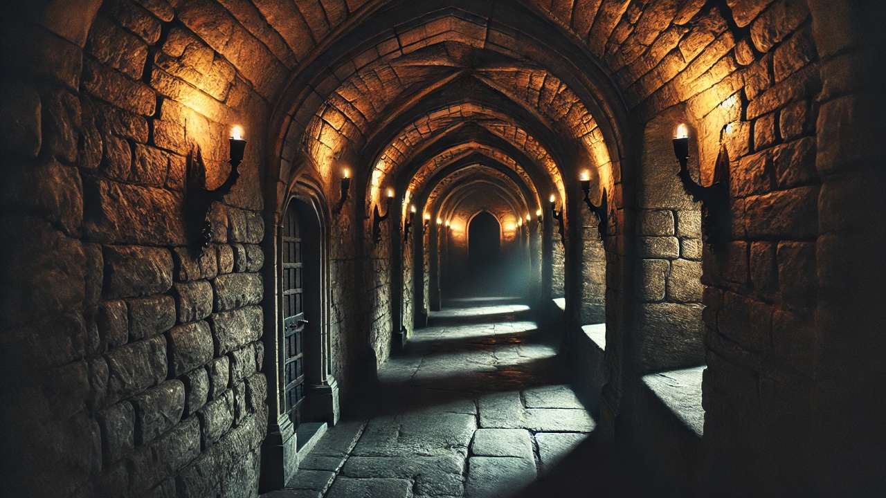 Torch-lit medieval stone hallway