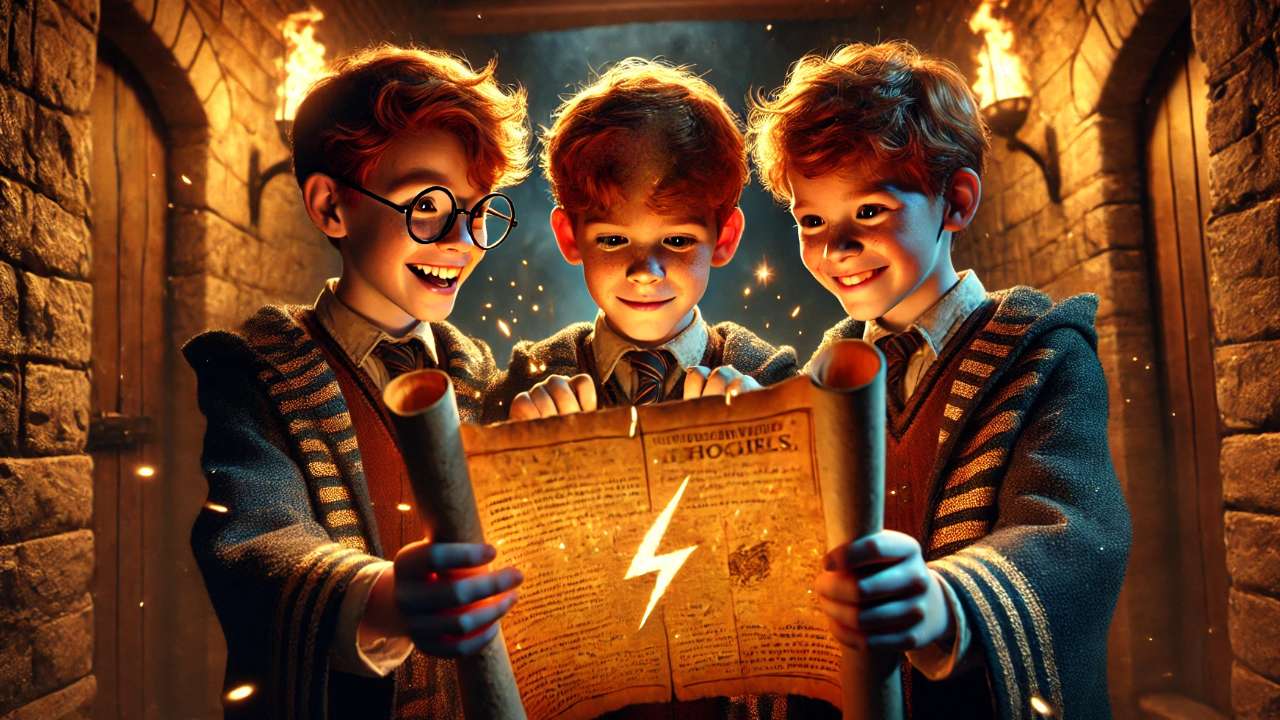 Three boys reading magical scroll