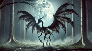 Skeletal dragon beneath full moon.