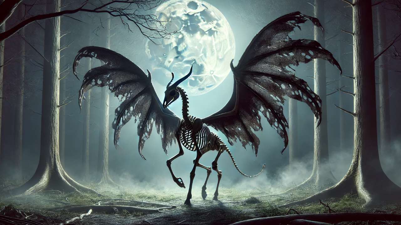 Skeletal dragon beneath full moon.