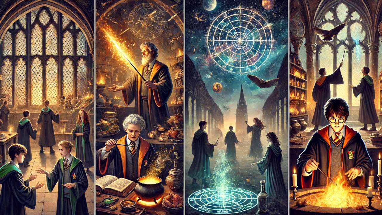 Wizards practicing spells at school.