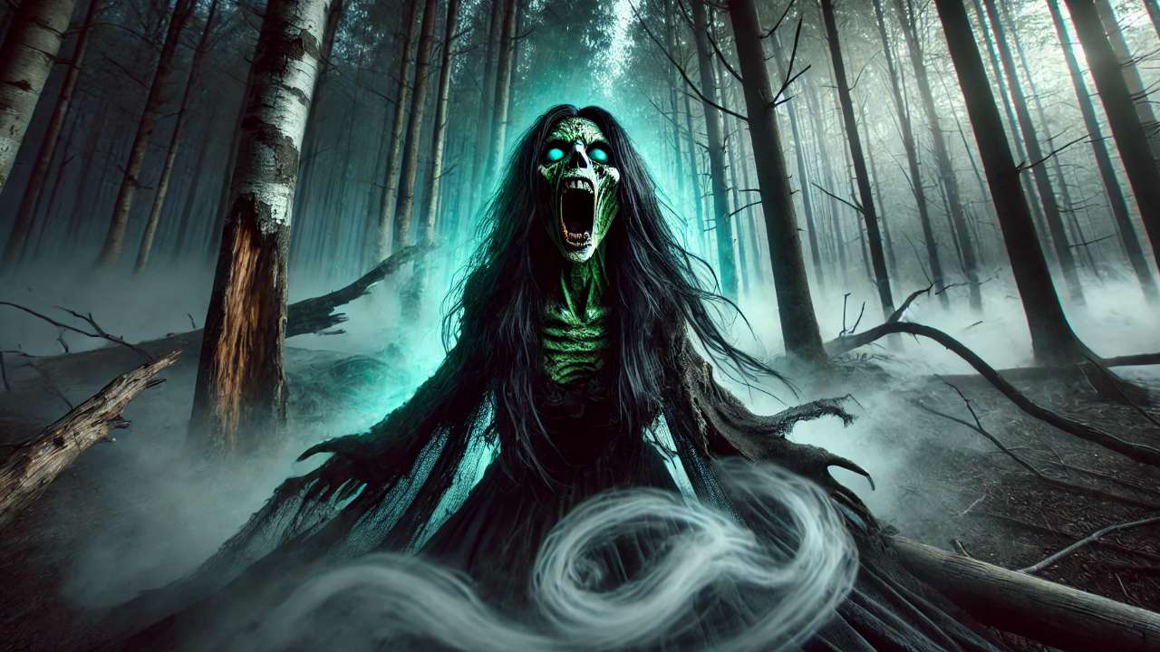 Terrifying ghost screaming in forest.