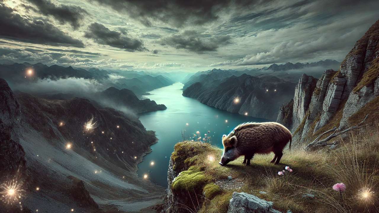 Boar on glowing mountain cliff.