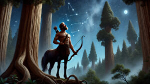 Centaur stargazing in enchanted forest.