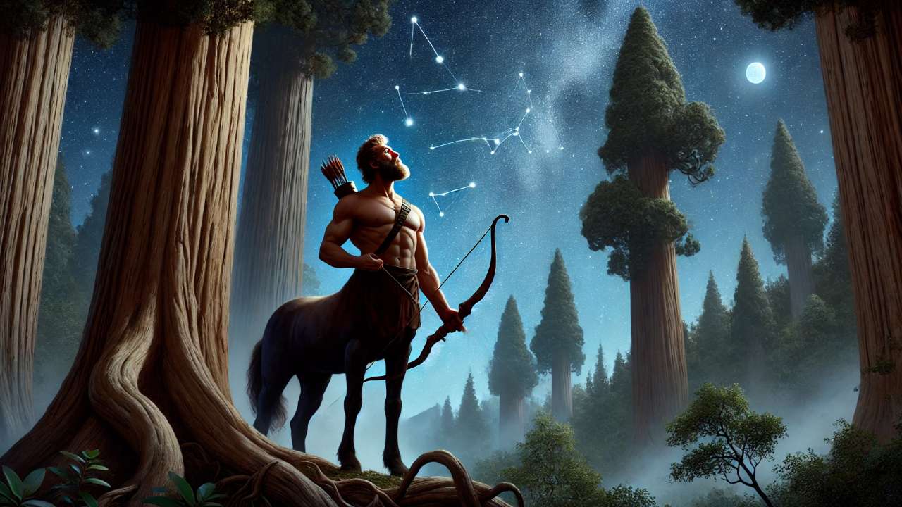 Centaur stargazing in enchanted forest.
