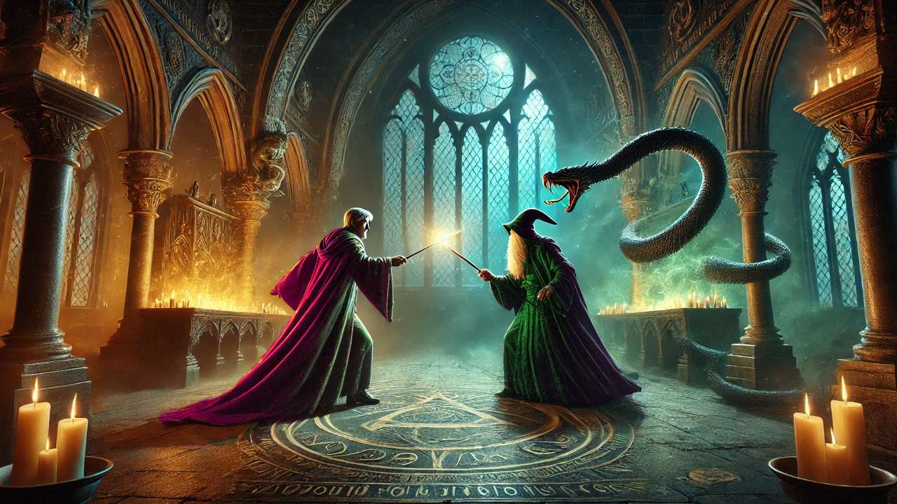 Wizards dueling in magical hall.
