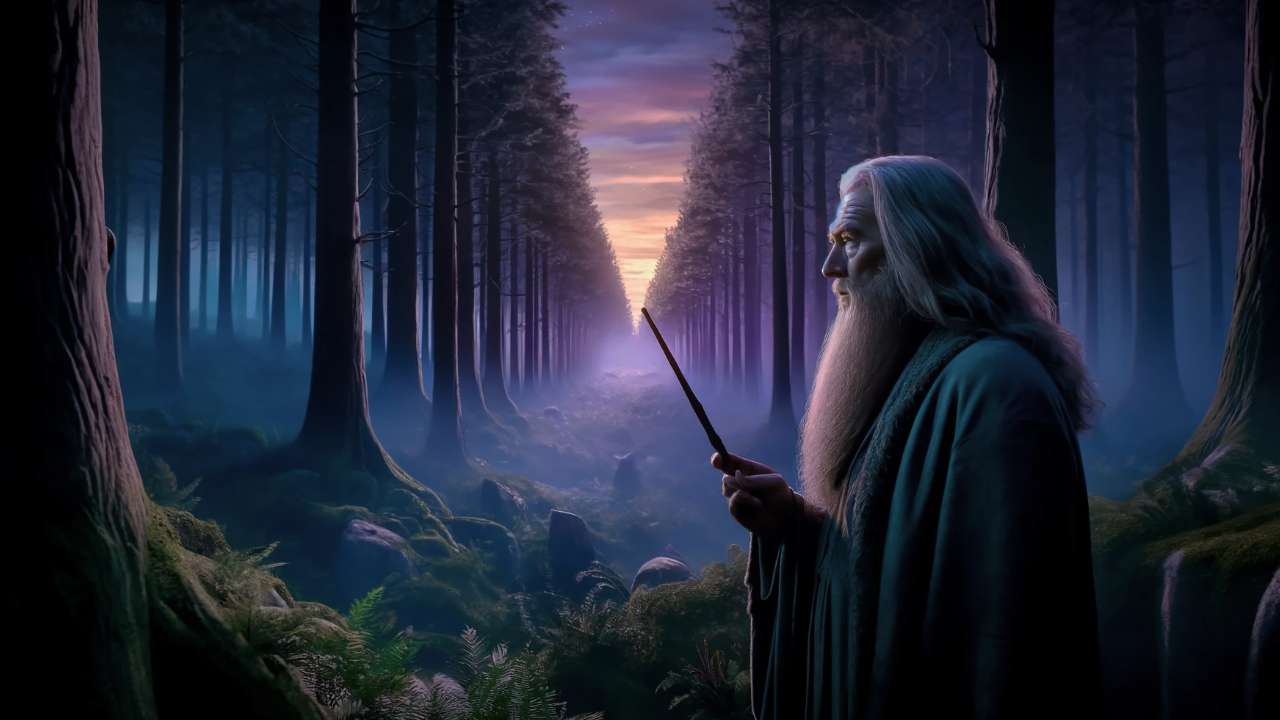 Wizard holding wand in forest.