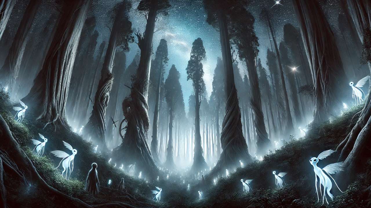 Glowing fairies in mystical forest