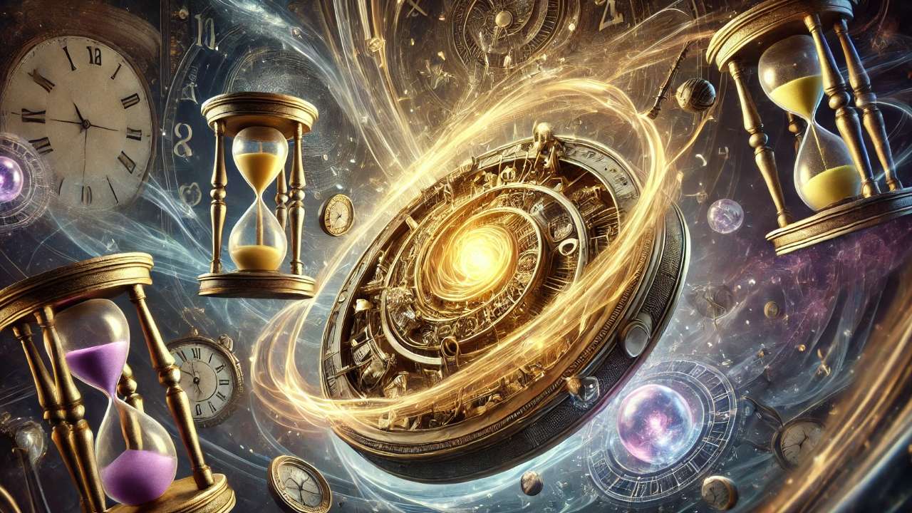 "Cosmic scene with clocks and sand."