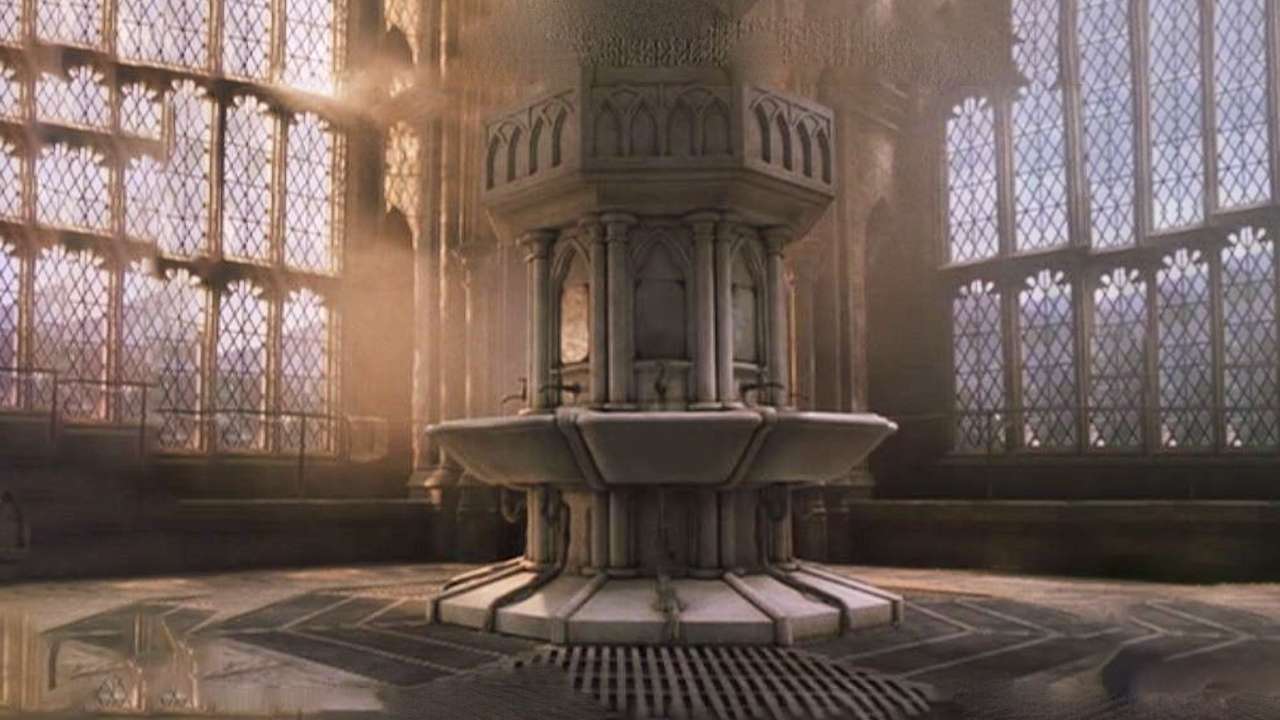 Sunlit castle hall with fountain.