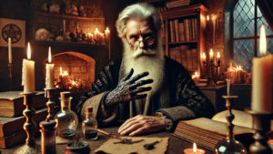 Elder wizard in candlelit study.
