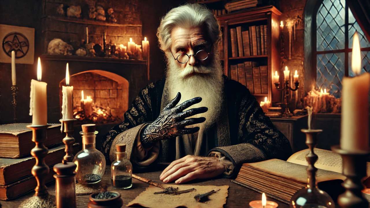 Elder wizard in candlelit study.