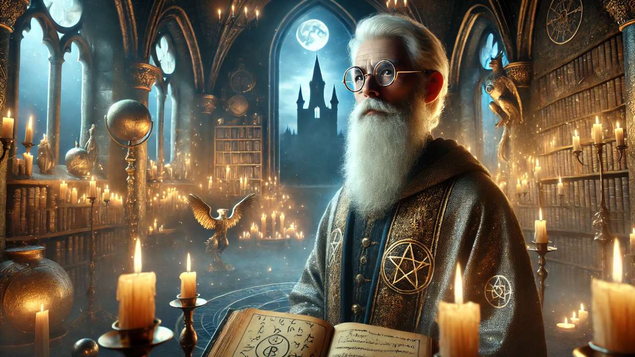 Wizard reading book amidst candles. 