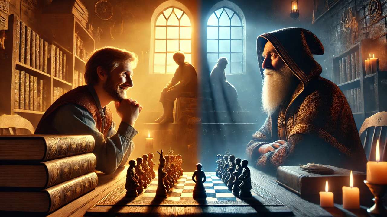 Intense chess game between wizards. 