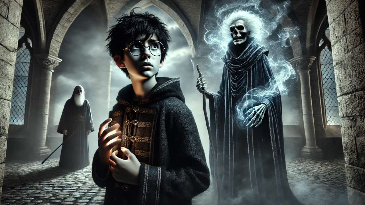 Wizard haunted by dark specter. 