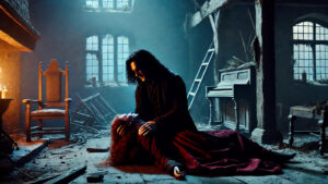 Grieving wizard holding fallen companion.
