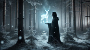 Silhouetted figure conjures glowing stag.
