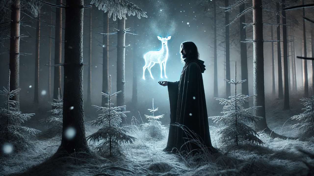 Silhouetted figure conjures glowing stag.