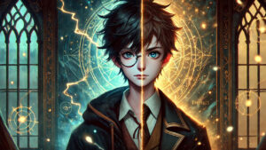 Split-faced magical boy with symbols.
