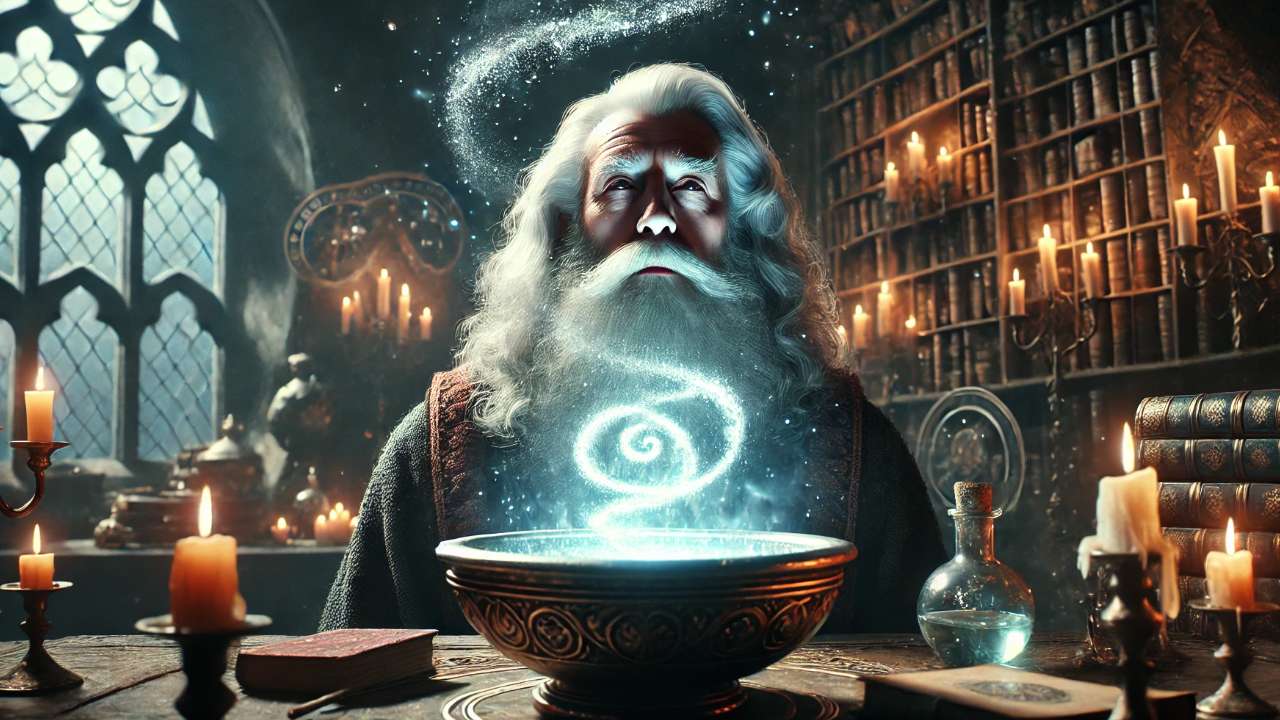 Bearded wizard conjuring glowing magic.