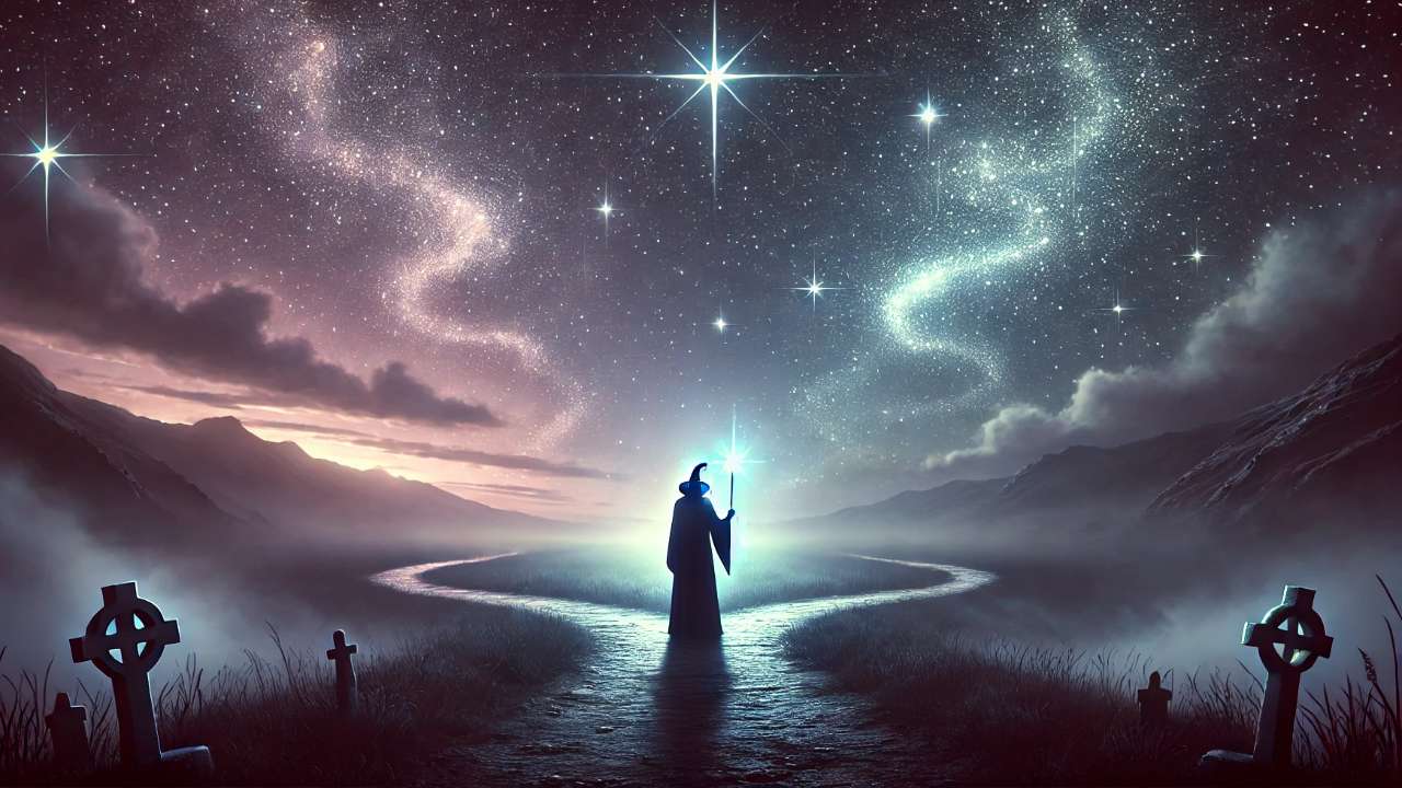 Wizard under starlit magical sky.