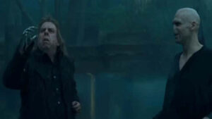 Dark wizard confronts fearful follower. 